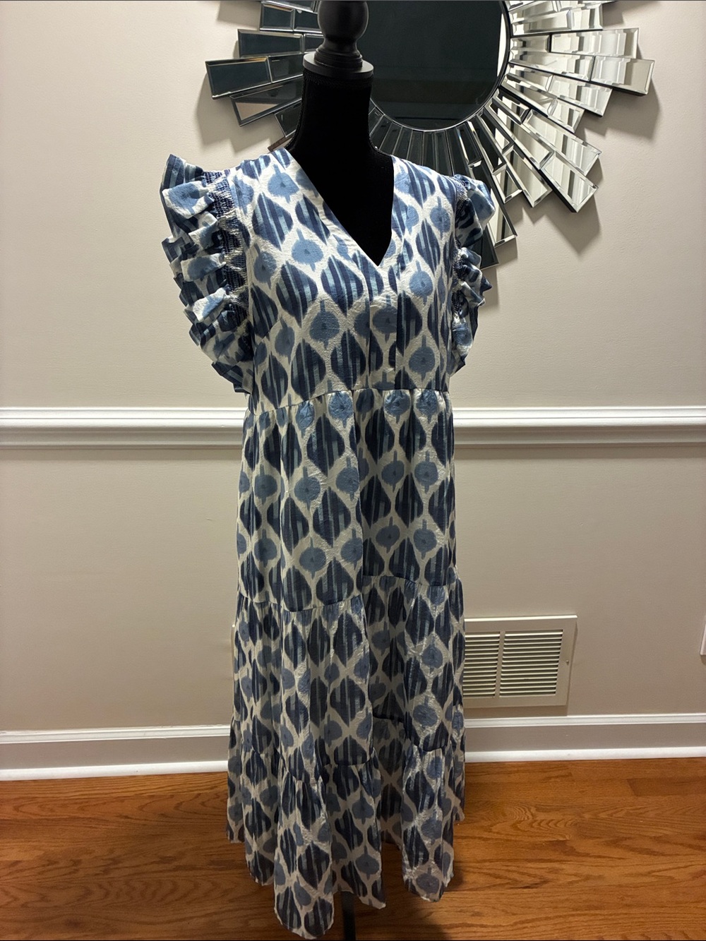 JODIFL Blue and White Ikat V-Neck Ruffle Sleeve Maxi Dress